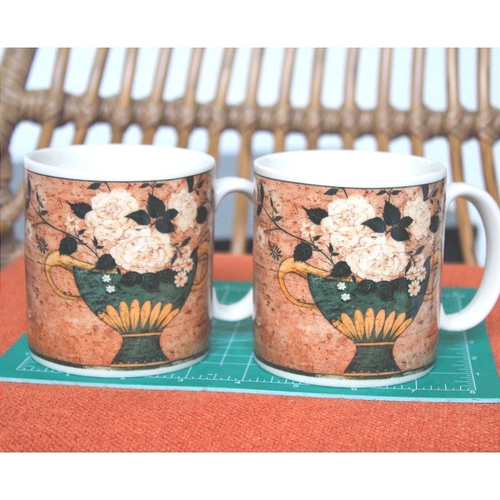 Sakura Warren Kimble White Roses Coffee Mugs Set of 2 Vintage 1997 Floral Brown